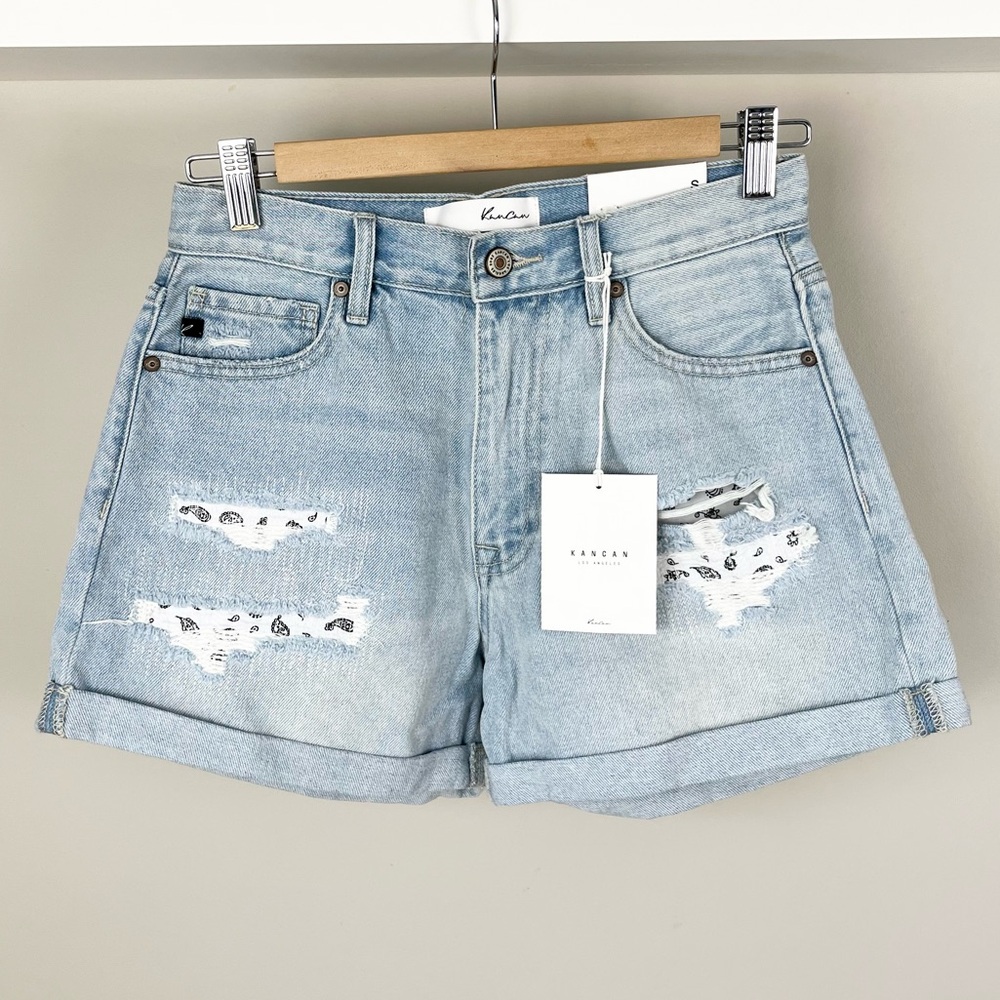 KanCan High Rise Repaired Mom Shorts